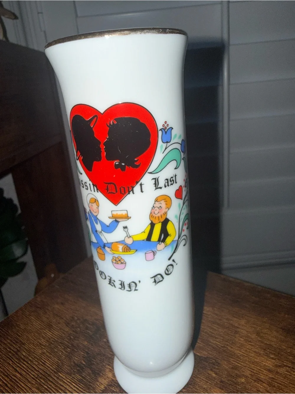 White Glass Decorative Vase with Red Heart Graphic